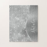 Silver Glitter Glam Bling Personalized Metallic Jigsaw Puzzle<br><div class="desc">Easily personalize this silver brushed metal and glamourous faux glitter patterned jigsaw puzzle with your own custom name.</div>