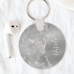 Silver Glitter Glam Bling Personalized Metallic Keychain<br><div class="desc">Easily personalize this silver brushed metal and glamourous faux glitter patterned keychain with your own custom name.</div>