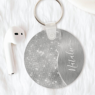 Silver Glitter Glam Bling Personalized Metallic Keychain