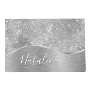 Silver Glitter Glam Bling Personalized Metallic Laminated Place Mat