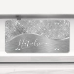 Silver Glitter Glam Bling Personalized Metallic License Plate<br><div class="desc">Easily personalize this silver brushed metal and glamourous faux glitter patterned license plate with your own custom name.</div>