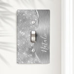 Silver Glitter Glam Bling Personalized Metallic Light Switch Cover<br><div class="desc">Easily personalize this silver brushed metal and glamourous faux glitter patterned light switch cover with your own custom name.</div>