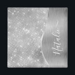 Silver Glitter Glam Bling Personalized Metallic Magnet<br><div class="desc">Easily personalize this silver brushed metal and glamourous faux glitter patterned magnet with your own custom name.</div>