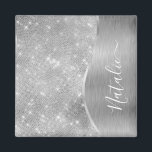 Silver Glitter Glam Bling Personalized Metallic Magnet<br><div class="desc">Easily personalize this silver brushed metal and glamourous faux glitter patterned magnet with your own custom name.</div>