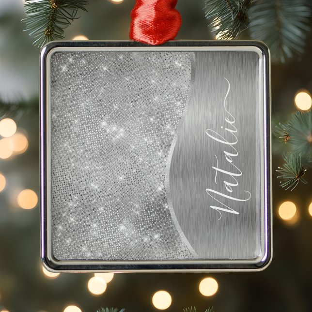 Silver Glitter Glam Bling Personalized Metallic Metal Ornament (Creator Uploaded)