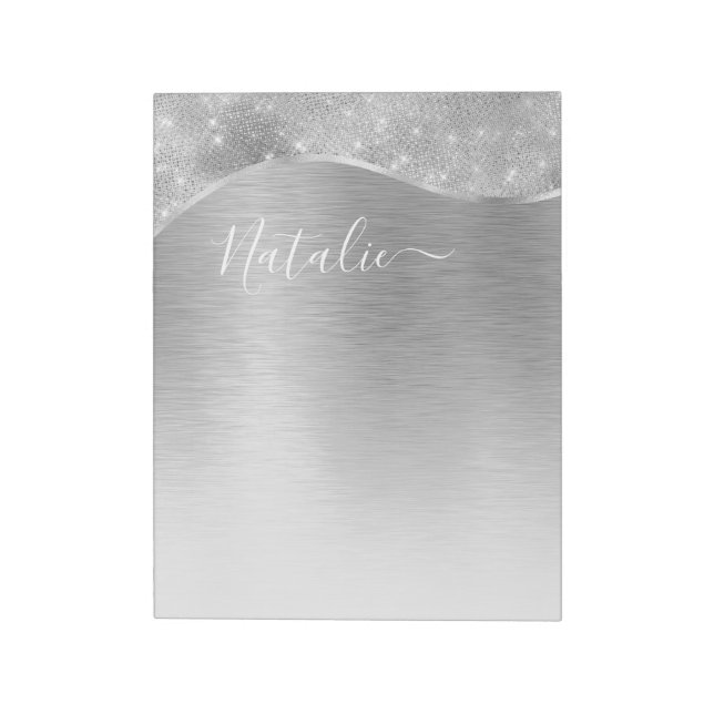 Silver Glitter Glam Bling Personalized Metallic Notepad (Rotated)