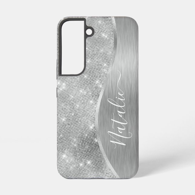 Silver Glitter Glam Bling Personalized Metallic Samsung Galaxy S22 Case (Back)