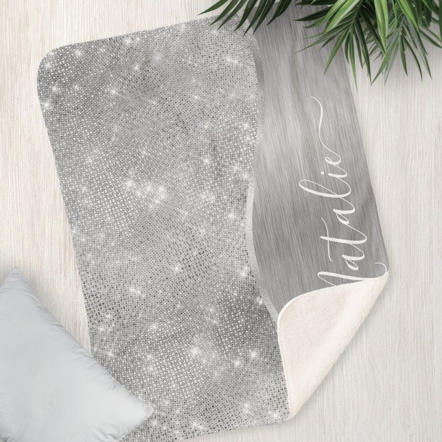 Silver Glitter Glam Bling Personalized Metallic Sherpa Blanket (Creator Uploaded)