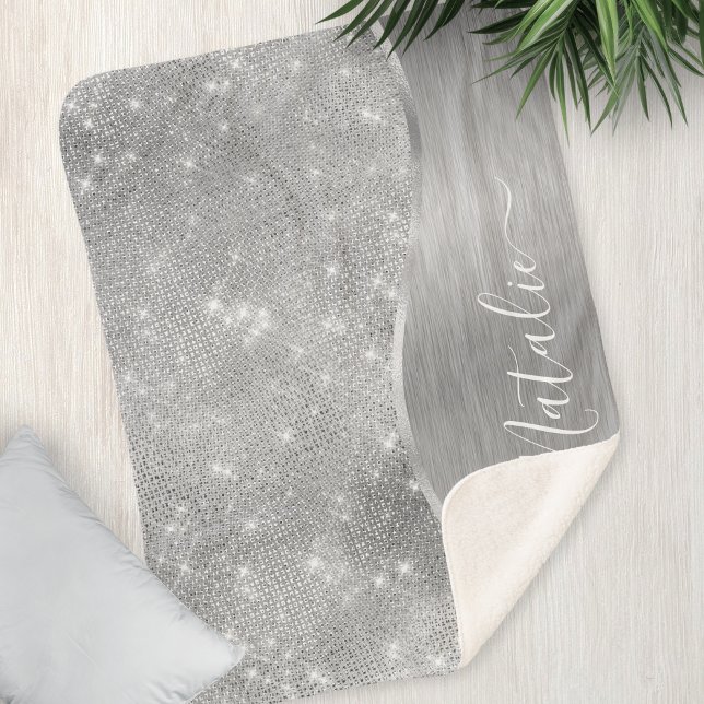 Silver Glitter Glam Bling Personalized Metallic Sherpa Blanket (Creator Uploaded)