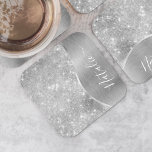 Silver Glitter Glam Bling Personalized Metallic Square Paper Coaster<br><div class="desc">Easily personalize this silver brushed metal and glamourous faux glitter patterned coaster with your own custom name.</div>