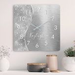 Silver Glitter Glam Bling Personalized Metallic Square Wall Clock<br><div class="desc">Easily personalize this silver brushed metal and glamourous faux glitter patterned wall clock with your own custom name.</div>
