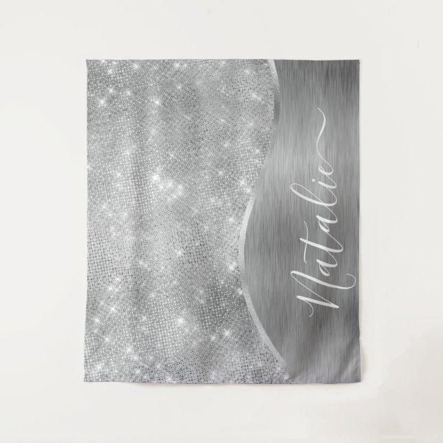 Silver Glitter Glam Bling Personalized Metallic Tapestry (Front)