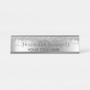 Silver Glitter Glam Drips Handwritten Calligraphy Desk Name Plate