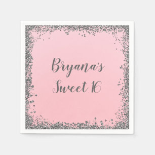 Silver Glitter Glam Edge Sweet 16 Custom Party Napkin