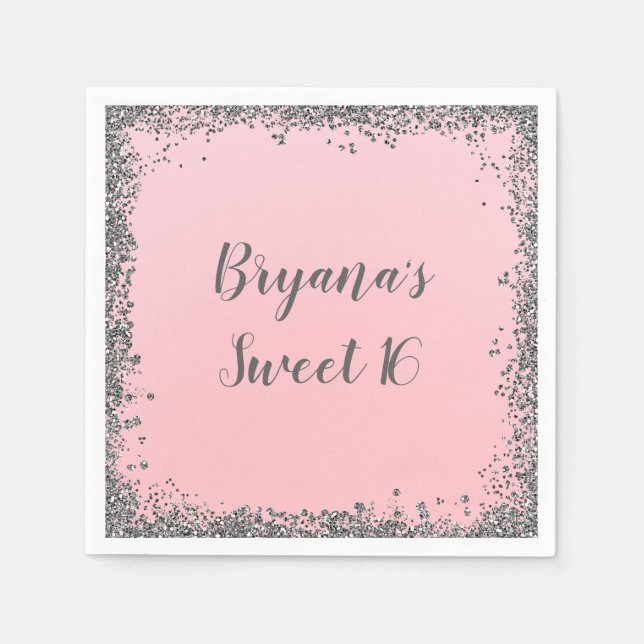 Silver Glitter Glam Edge Sweet 16 Custom Party Napkin (Front)