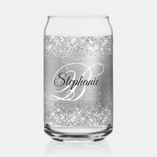 Silver Glitter Glam Fancy Monogram Can Glass