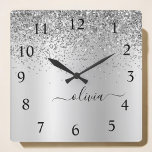 Silver Glitter Glam Metal Monogram Name Square Wall Clock<br><div class="desc">Silver Faux Foil Metallic Sparkle Glitter Brushed Metal Monogram Name Clock. This makes the perfect sweet 16 birthday,  wedding,  bridal shower,  anniversary,  baby shower or bachelorette party gift for someone that loves glam luxury and chic styles.</div>