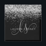 Silver Glitter Glam Monogram Name Magnet<br><div class="desc">Glam Rose Gold Glitter Elegant Monogram Magnet. Easily personalize this trendy chic magnet design featuring elegant rose gold sparkling glitter on a black background. The design features your handwritten script monogram with pretty swirls and your name.</div>