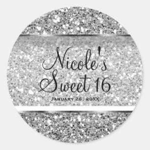 Silver Glitter Glam Sweet 16 Custom Party Favour Classic Round Sticker