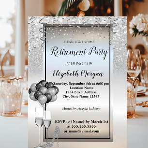 Silver Glitter ,Glass,Ballons Retirement Party Invitation