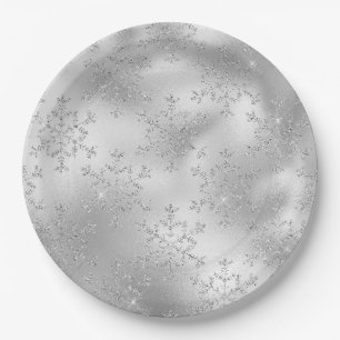 Silver Glitter Glitzy Snowflakes Paper Plate