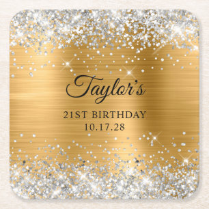Silver Glitter Gold Foil 21st Birthday Square Paper Coaster
