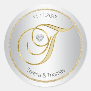 Silver Glitter Gold Monogram Wedding Envelope Seal