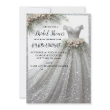 Silver Glitter Gown Dress Bridal Shower Invitation