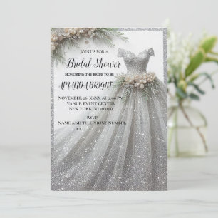 Silver Glitter Gown Dress Bridal Shower Invitation