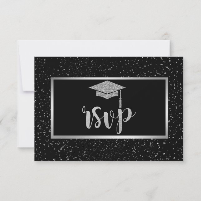Silver Glitter Grad Cap,Confetti  Graduation Party RSVP Card (Front)