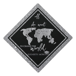 Silver Glitter Grad Cap World Map Graduation