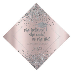Silver Glitter Graduate Cap,Confetti Rose Gold Graduation Cap Topper