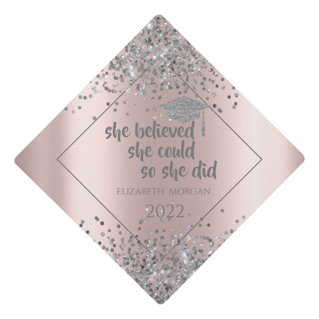 Silver Glitter Graduate Cap,Confetti Rose Gold Graduation Cap Topper (Front)