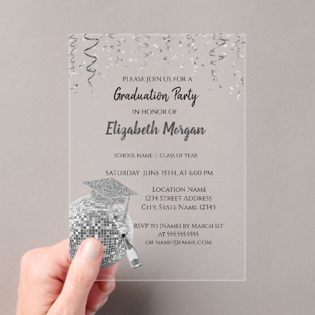 Silver Glitter Graduation Cap,Disco Ball Confetti Acrylic Invitations (Insitu (Handheld))
