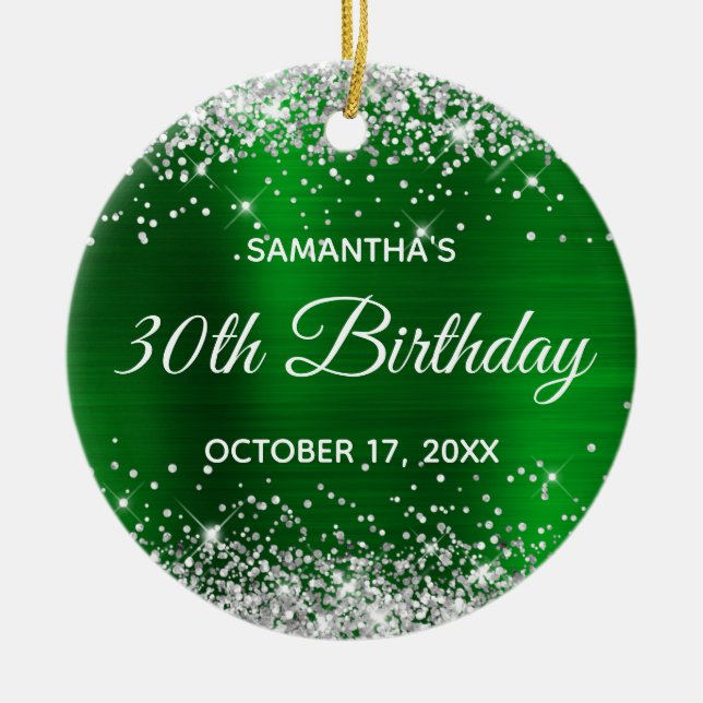 Silver Glitter Green Foil 30th Birthday Ceramic Ornament (Front)