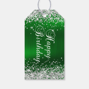 Silver Glitter Green Foil Happy Birthday Gift Tags