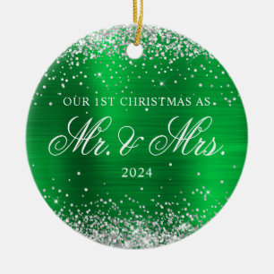 Silver Glitter Green Foil Our 1st Christmas Photo Ceramic Ornament