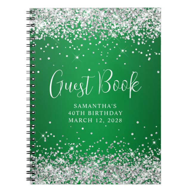 Silver Glitter Green Ombre 40th Birthday Guest Notebook (Front)
