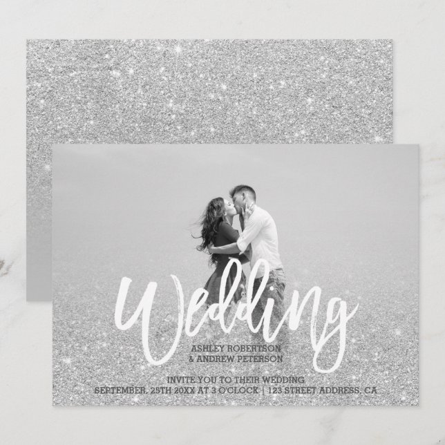 Silver glitter grey chic photo wedding invitation (Front/Back)