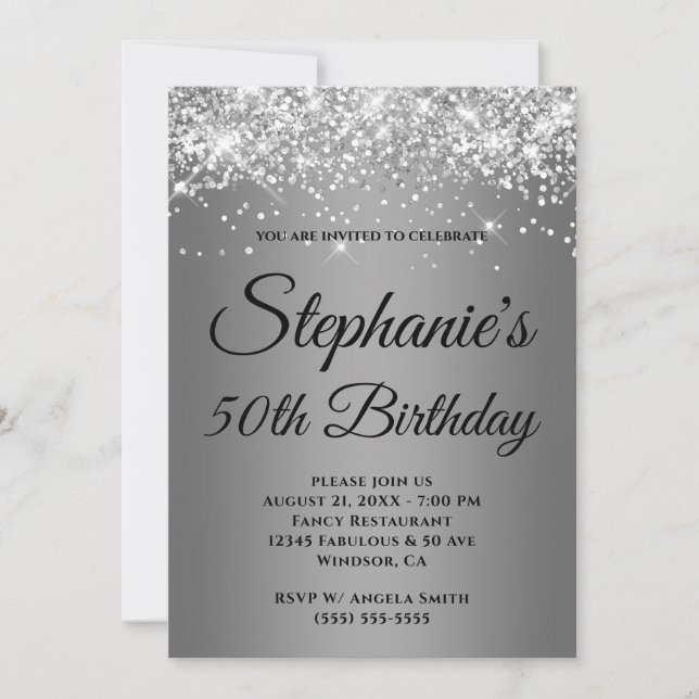 Silver Glitter Grey Edge Gradient Invitation (Front)