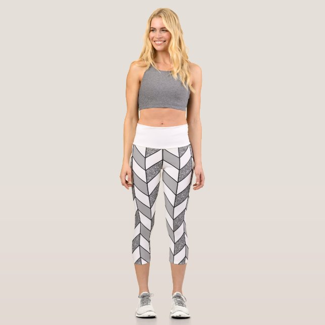 Silver Glitter Grey Herringbone Chevron Capri Leggings (Front)