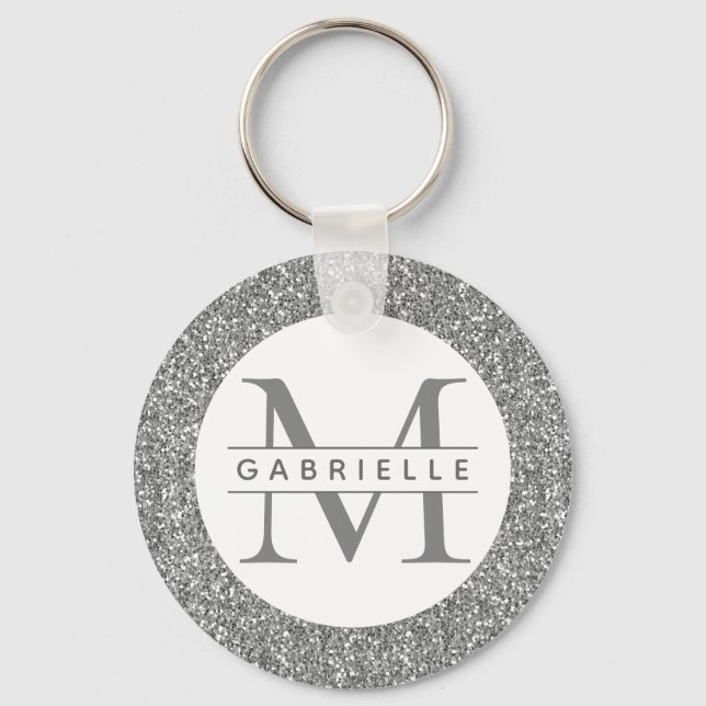 Silver Glitter Grey Initials Name Keychain (Front)