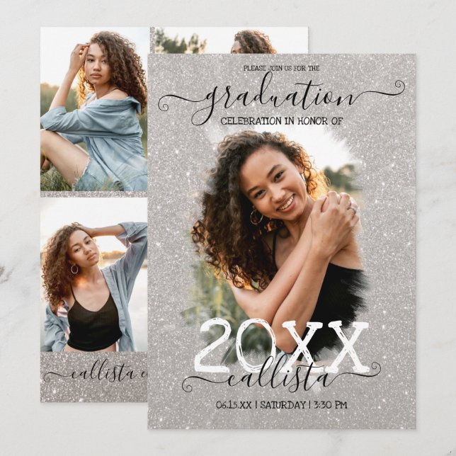 Silver Glitter Halo Photo Collage Graduation Invitation (Front/Back)