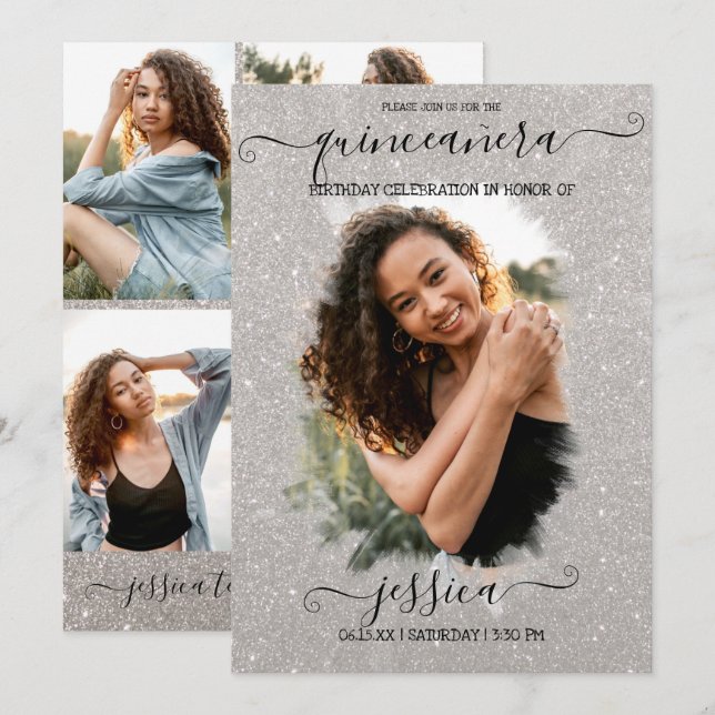 Silver Glitter Halo Photo Collage Quinceañera Invitation (Front/Back)