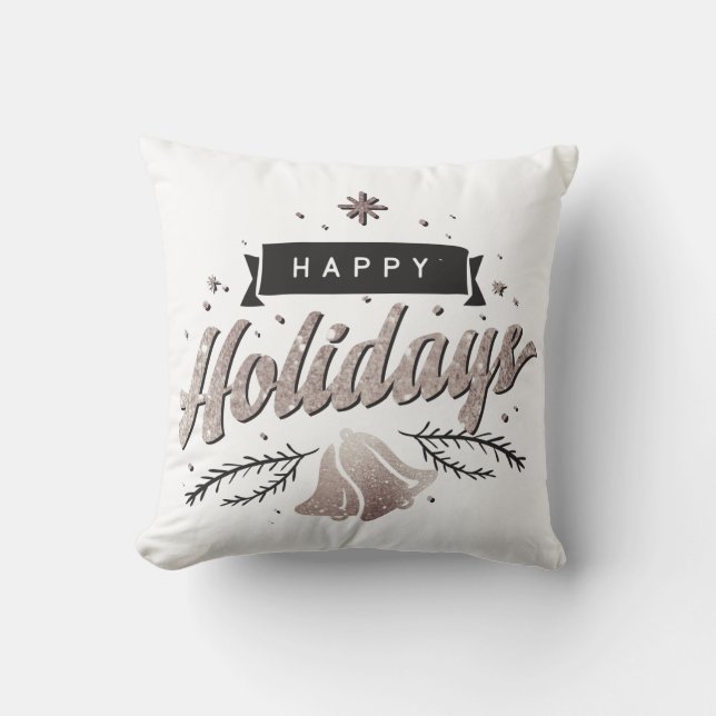 Silver Glitter Happy Holidays Bells Christmas  Throw Pillow (Front)
