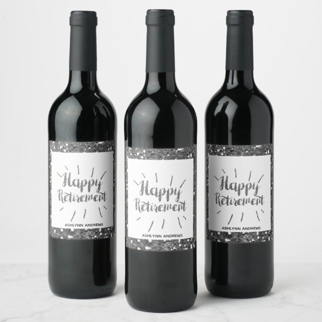 Silver Glitter Happy Retirement Wine Label (Bottles)