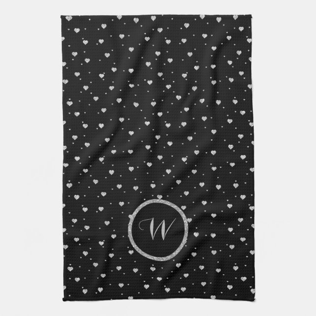 Silver Glitter Hearts Seamless Pattern Kitchen Towel (Vertical)