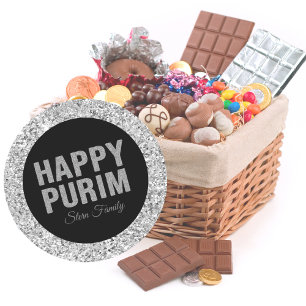 Silver Glitter Hebrew Happy Purim Classic Round Sticker