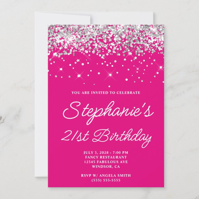 Silver Glitter Hot Pink 21st Birthday Invitation (Front)