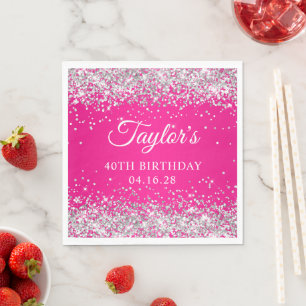 Silver Glitter Hot Pink 40th Birthday Napkin